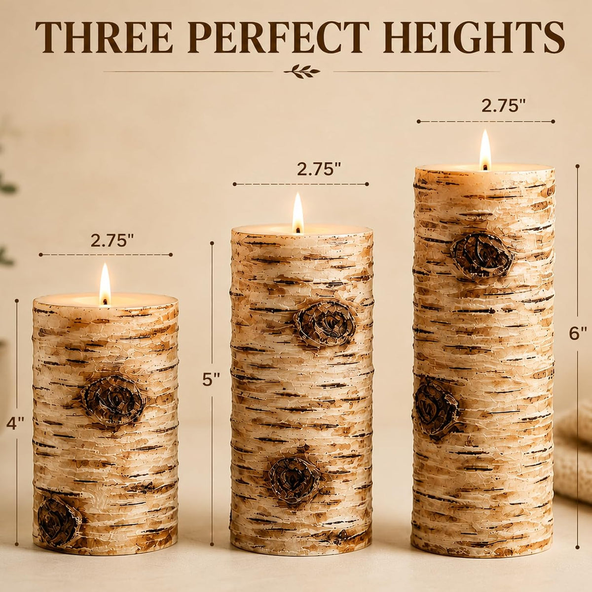 Rustic Birch Bark Pillar Candle Set of 3, Unscented Home Decor