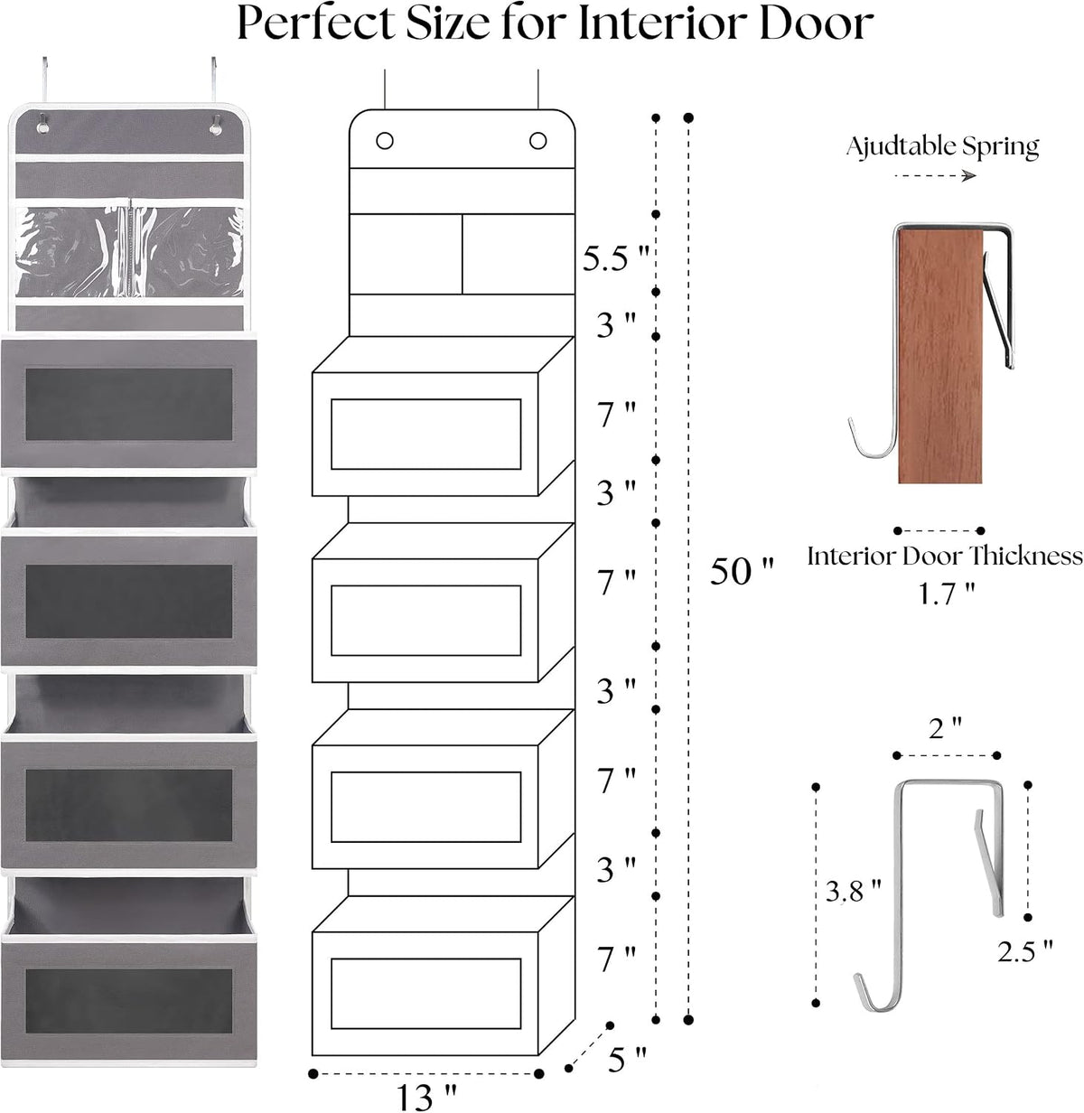 GCreation Over Door Organizer for Bedroom Bathroom Pantry, 5 Shelf Gray