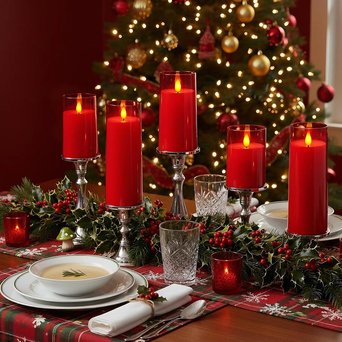 Raycare Battery Operated Flameless Pillar Candles with Remote Timer, Red