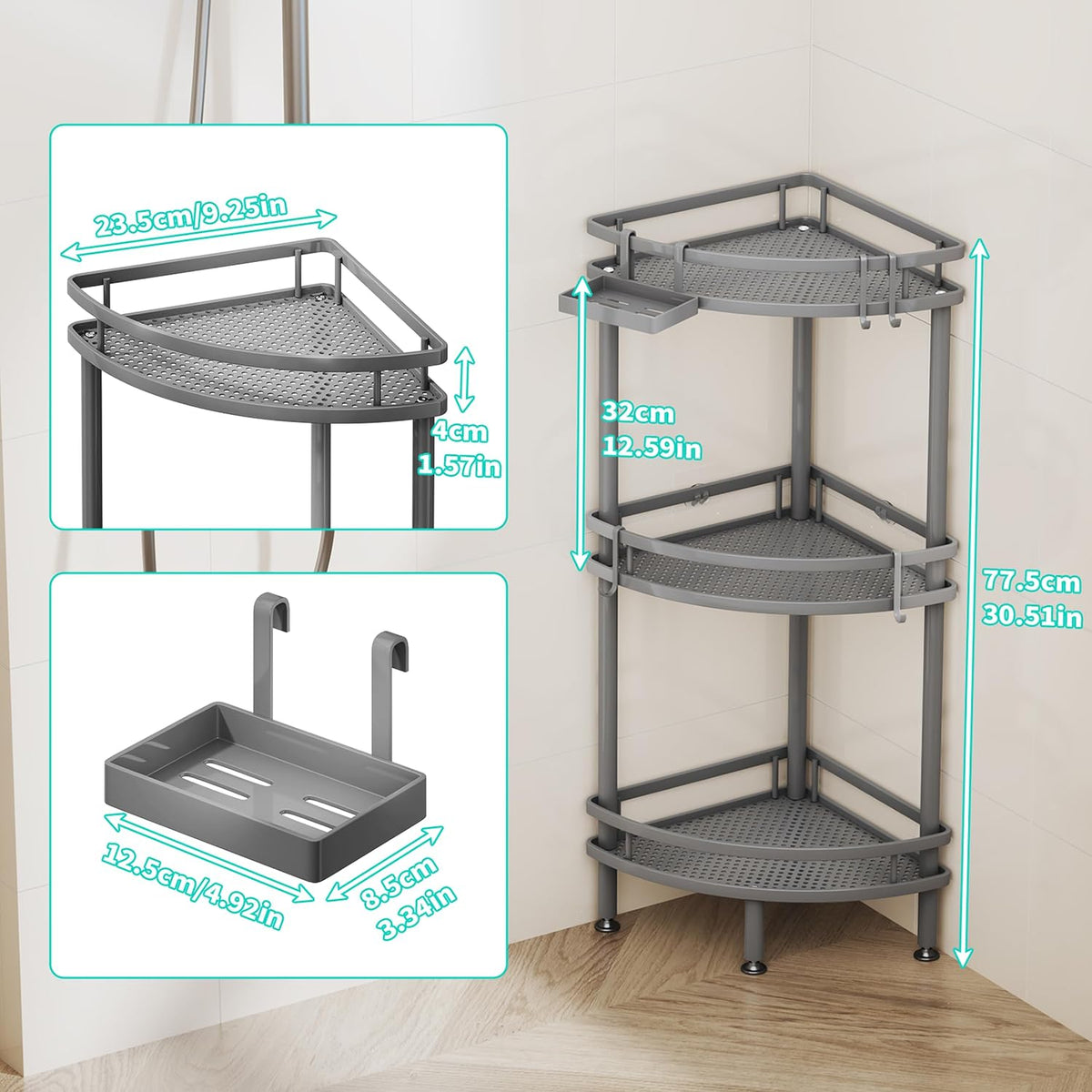 HapiRm Standing Corner Shower Caddy - 3 Tier Shower Organizer Corner with Soap Holder and 4 Hooks, Rustproof Bathroom Storage Shelves with Adhesives, Grey