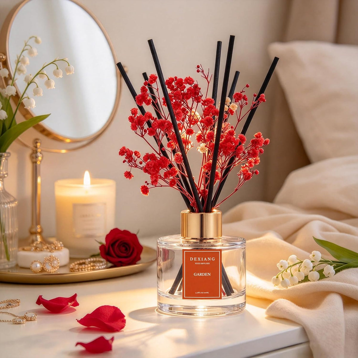 Reed Diffuser Set,3.38 fl oz (100 ml) Garden Oil Diffusers with 6 Reed Sticks for Bathroom Shelf Decor Home Fragrance Reed Diffuser