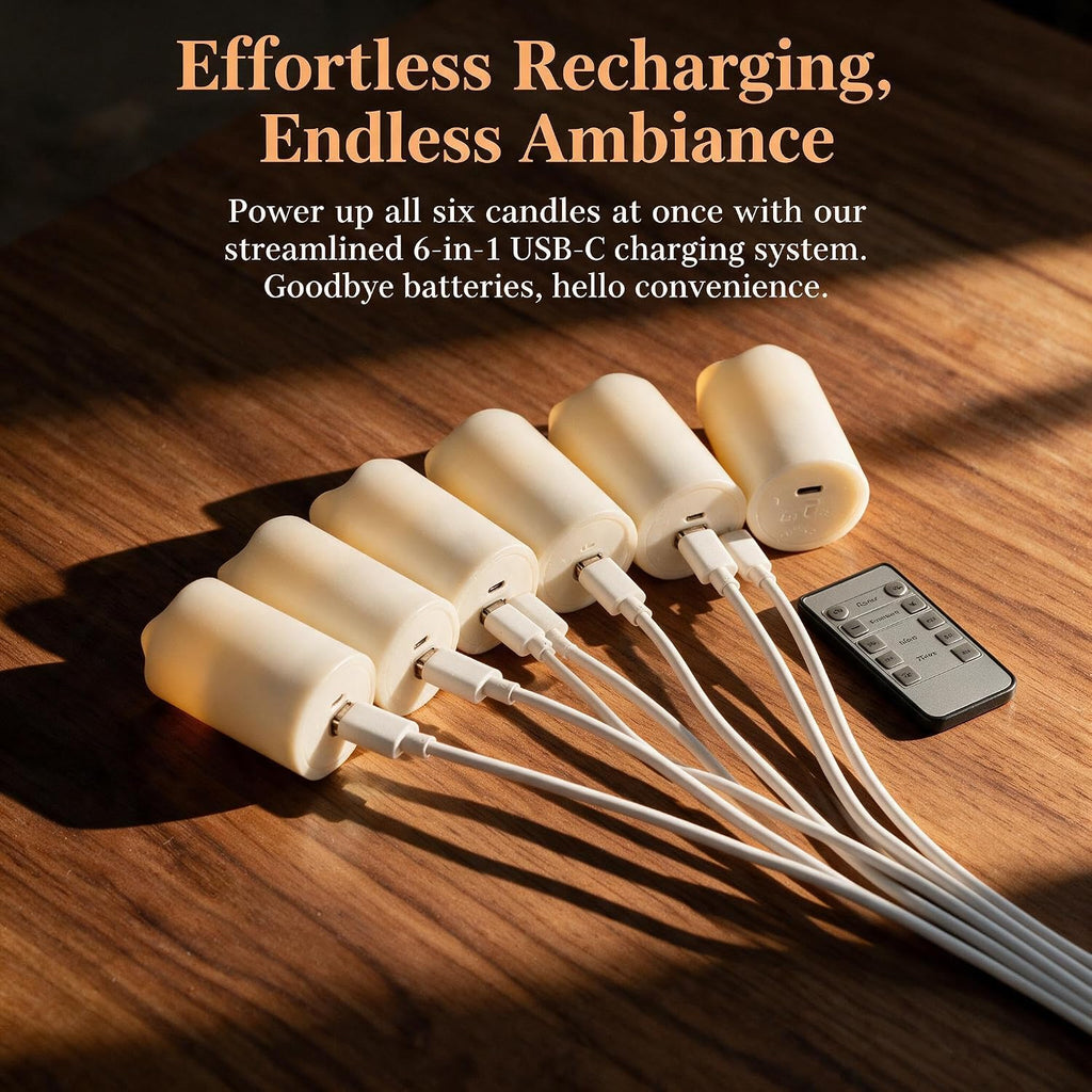 Rechargeable,6pcs Flickering LED Tea Lights Candles with USB Charging Cables, Flameless Votive Candles with Timer & Remote, Warm White Light Electric Fake Candle for Christmas Festival Decor Home