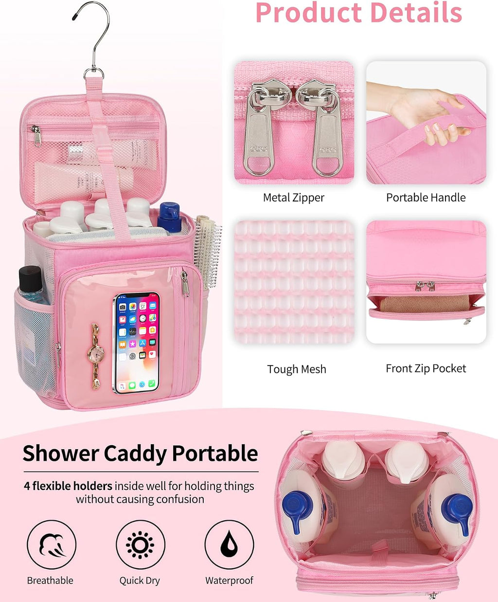 CUBETASTIC Mesh Shower Caddy Bag Portable - Large Capacity Shower Bag with Waterproof Phone Pocket & Sturdy Hook, Dorm Shower Caddy for Travel, Gym, College Essentials for Women & Men (Pink, M)