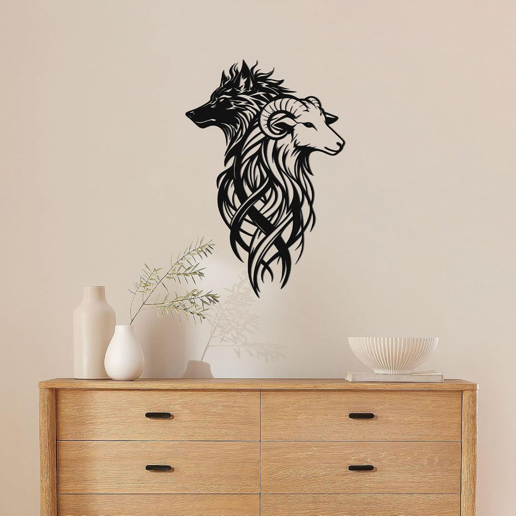 Wolf & Ram Interwoven Metal Wall Art, Black Rustic Dual Wildlife Home Decor