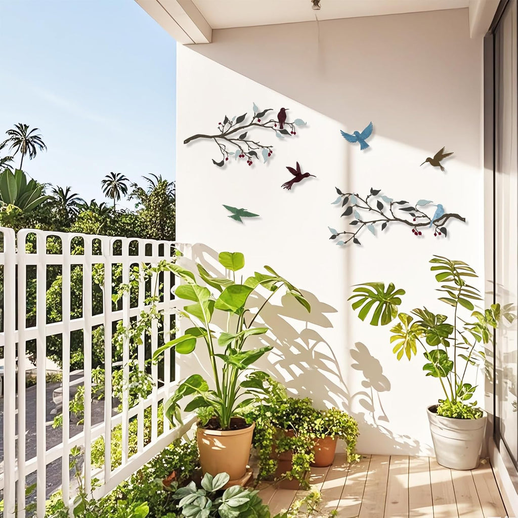 4PCS Metal Birds Wall Decor, Birds on the Branch Silhouette Art, Metal Leaves with Hummingbirds Outdoor Art Hanging Wall Sculpture for Home Office Balcony Garden Decor.（Colorful,Hummingbirds）