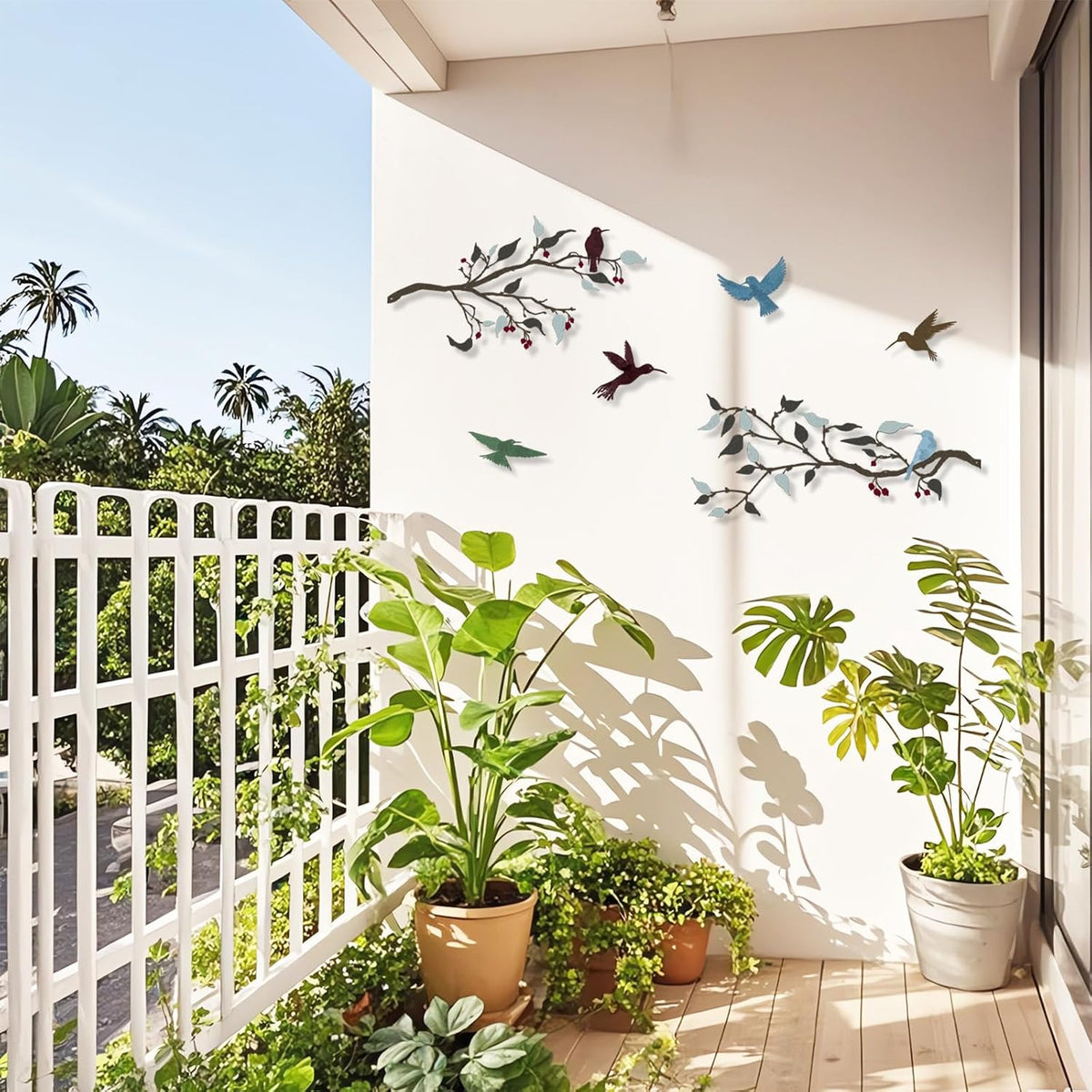 4PCS Metal Birds Wall Decor, Birds on the Branch Silhouette Art, Metal Leaves with Hummingbirds Outdoor Art Hanging Wall Sculpture for Home Office Balcony Garden Decor.（Colorful,Hummingbirds）