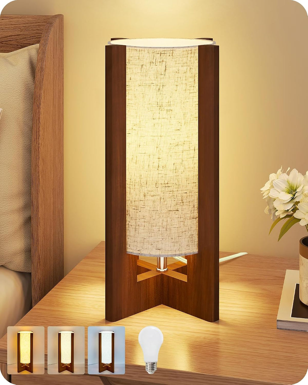 Small Bedside Lamp, 13.4" Modern Wood Table Lamp with LED Bulb