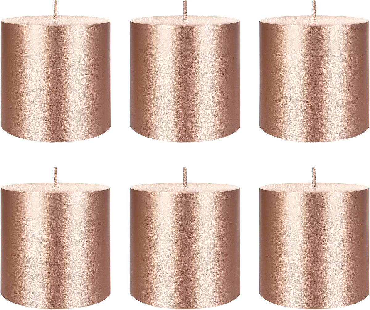 Mega Candles 6 pcs Unscented Solid Rose Gold Pillar Candles, Hand Poured Premium Wax Candle 3 Inch x 3 Inch, Home Décor, Spas, Weddings, Occasions, Party, Centerpieces, Holidays, Vigils, Prayers