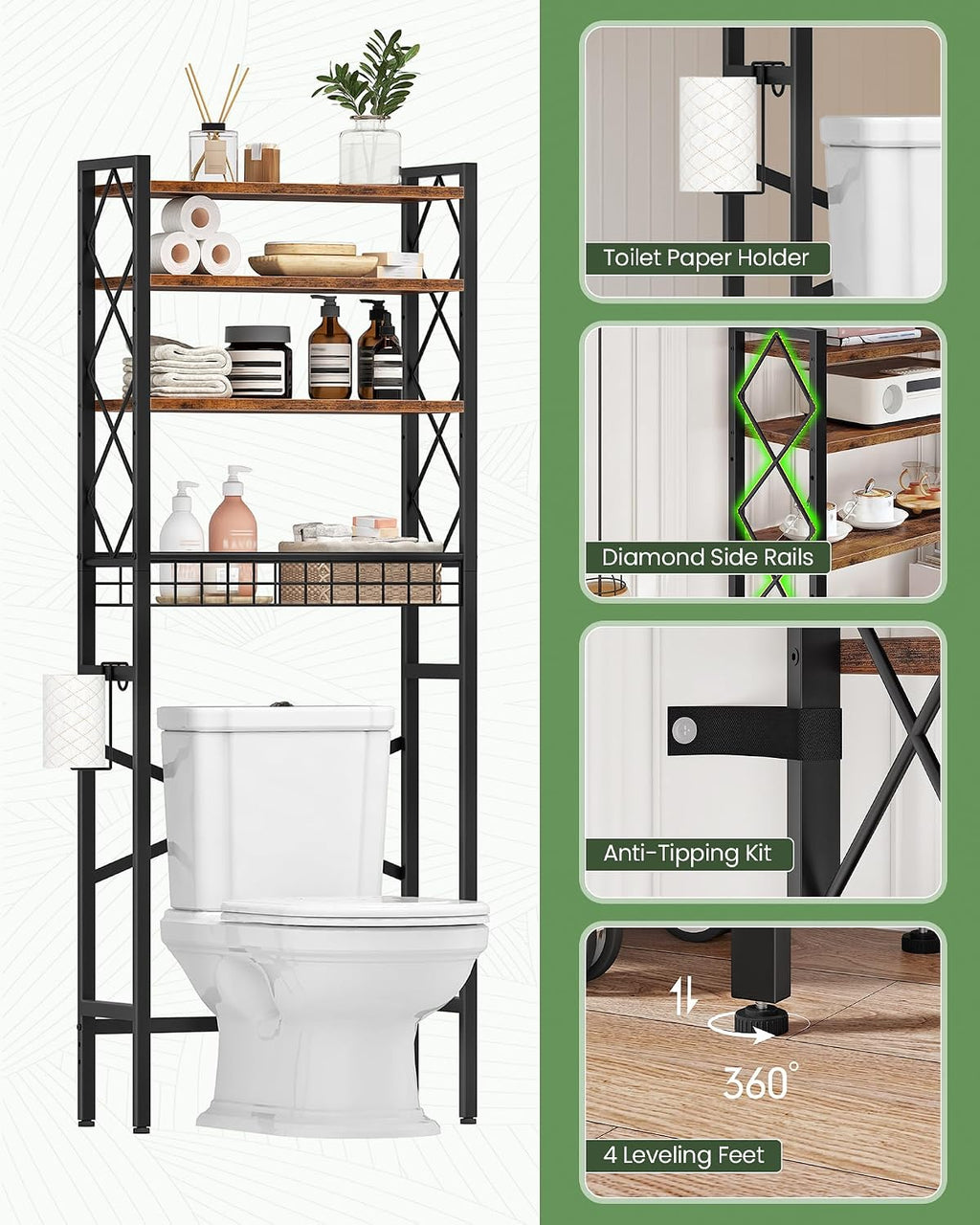 CHOEZON Over The Toilet Storage Rack, 4-Tier Bathroom Organizer Shelf, Over Toilet Storage with Wire Basket and Toilet Paper Holder, Adjustable Shelves, for Bathroom, Rustic Brown and Black TTS03BF