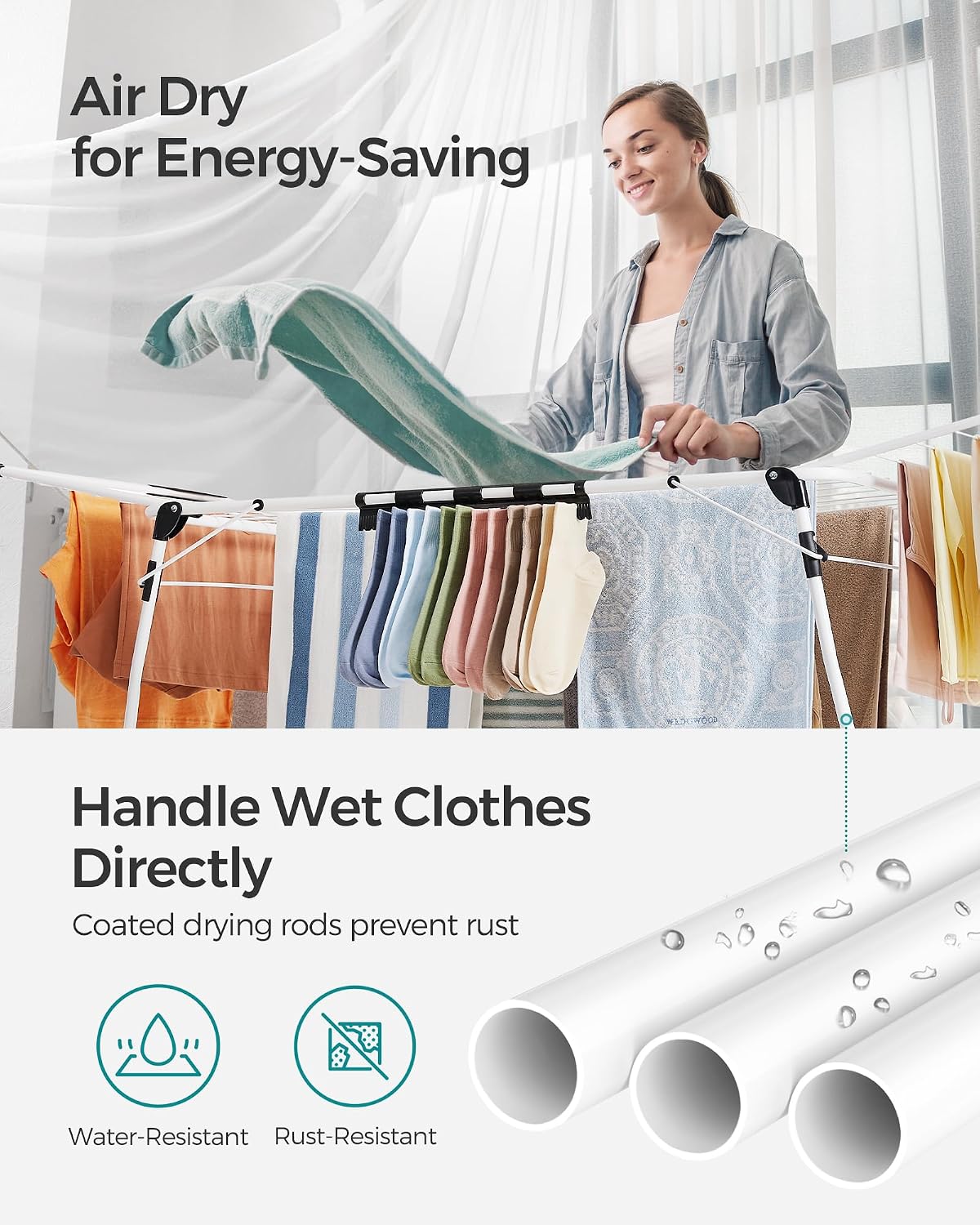 SONGMICS Clothes Drying Rack, Foldable, Heavy Duty, Space Saving