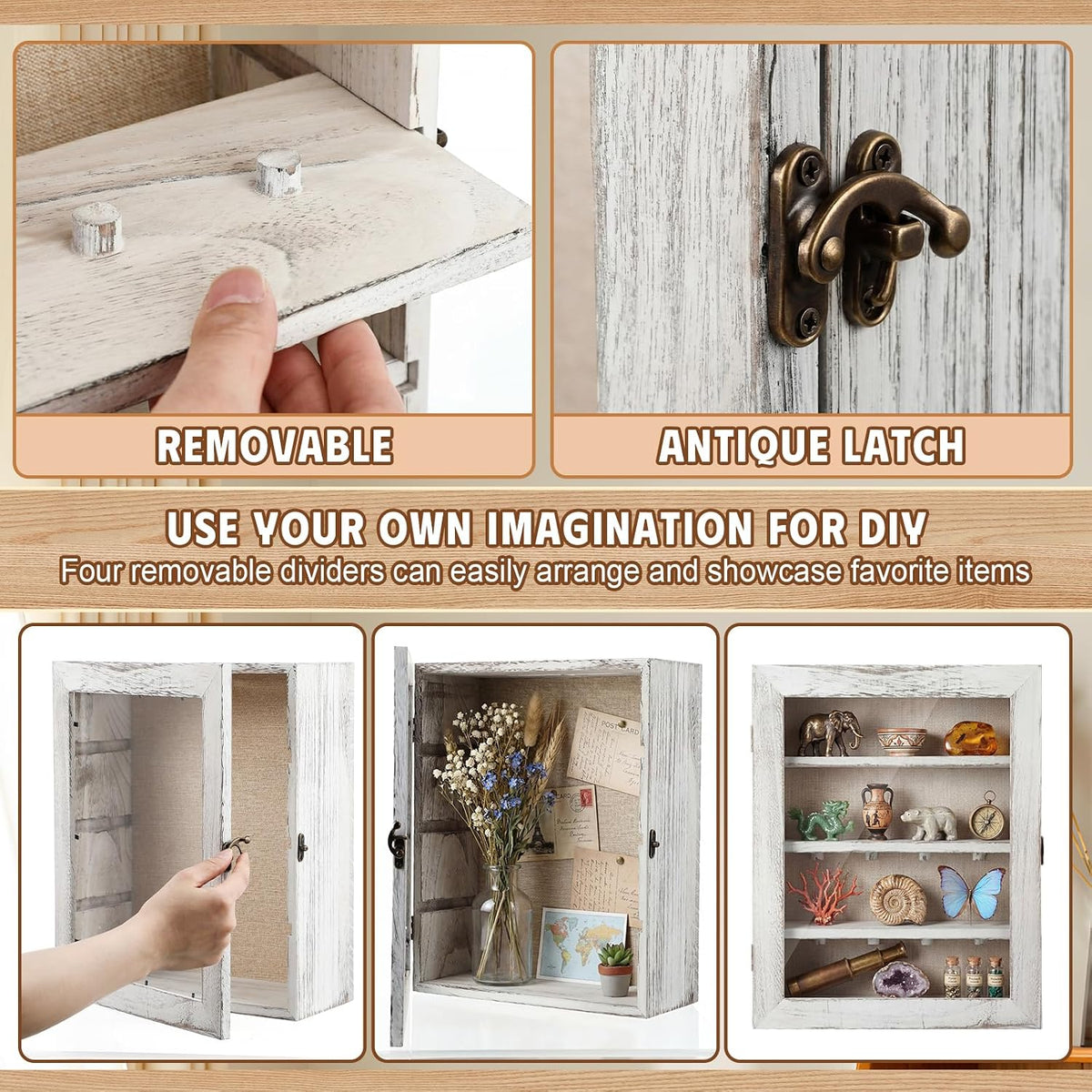 Gerrii Shadow Box Display Case 11 x 13 - Deep 5 Inch Wooden Picture Frame with Linen Back, Removable Shelves, Wooden Memory Case for Wedding Bouquets, Photos, Medals & Keepsakes, White