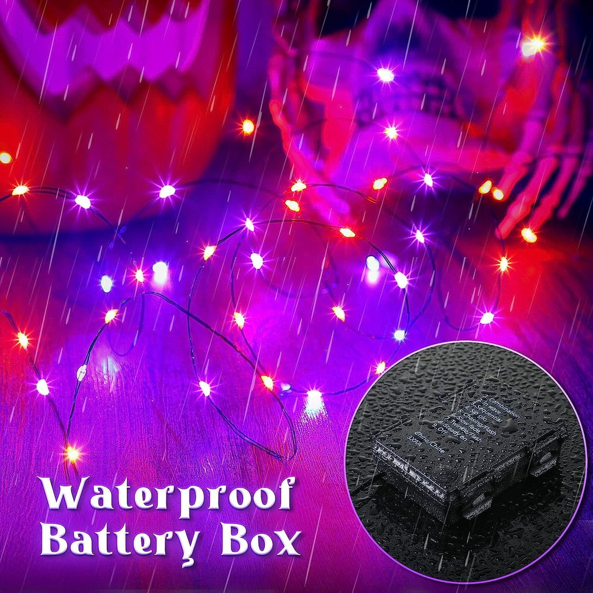 Hiboom 2 Pack Orange and Purple Halloween Lights, 16.4ft 50 LED, 8 Modes Battery Operated Fairy String Lights for DIY Home Bedroom Holiday Party Decor