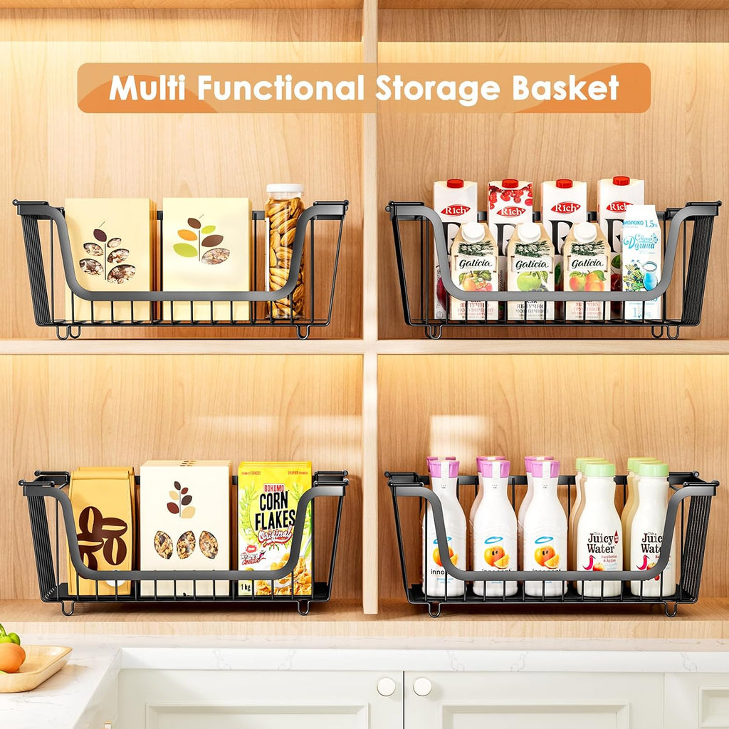 4 Pcs Stackable Wire Baskets for Pantry Organizers and Storage, Black