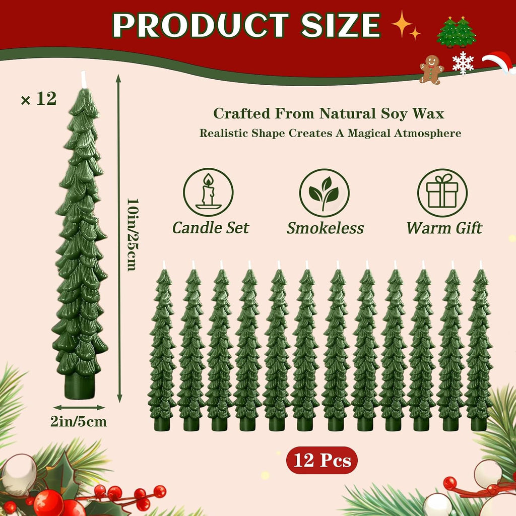 12 PCS Christmas Tree Taper Candles,10 in Unscented Tree Candle Decorative,Perfect for Christmas Table Centerpieces, Mantelpieces, and Window Sill Decorations!