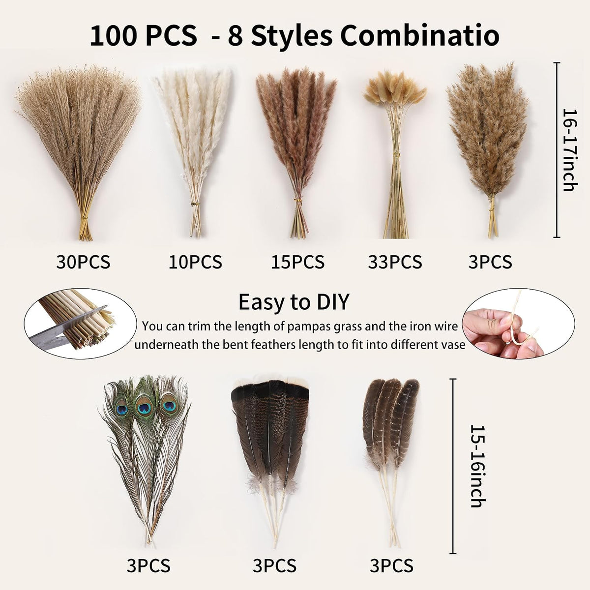 Bpole Dried Pampas Grass 100 Pcs 16-17in Boho Bouquet