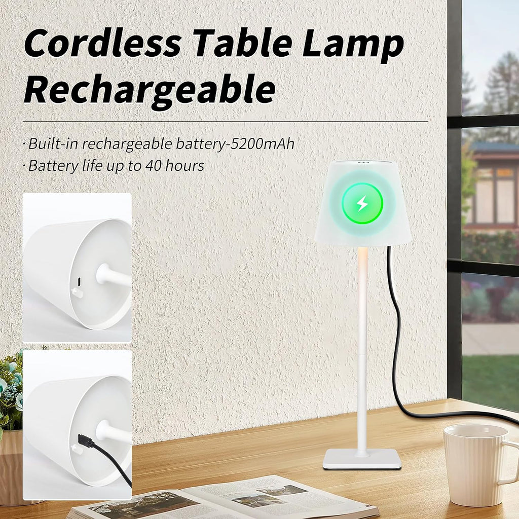 Mr. White Outdoor Waterproof Cordless Set of 2 Rechargeable Portable Top Touch Battery Operated Powered LED Table Lamp with Rattan lampshade for Restaurant Kitchen Patio Dinner Dining (White 2 Pack)