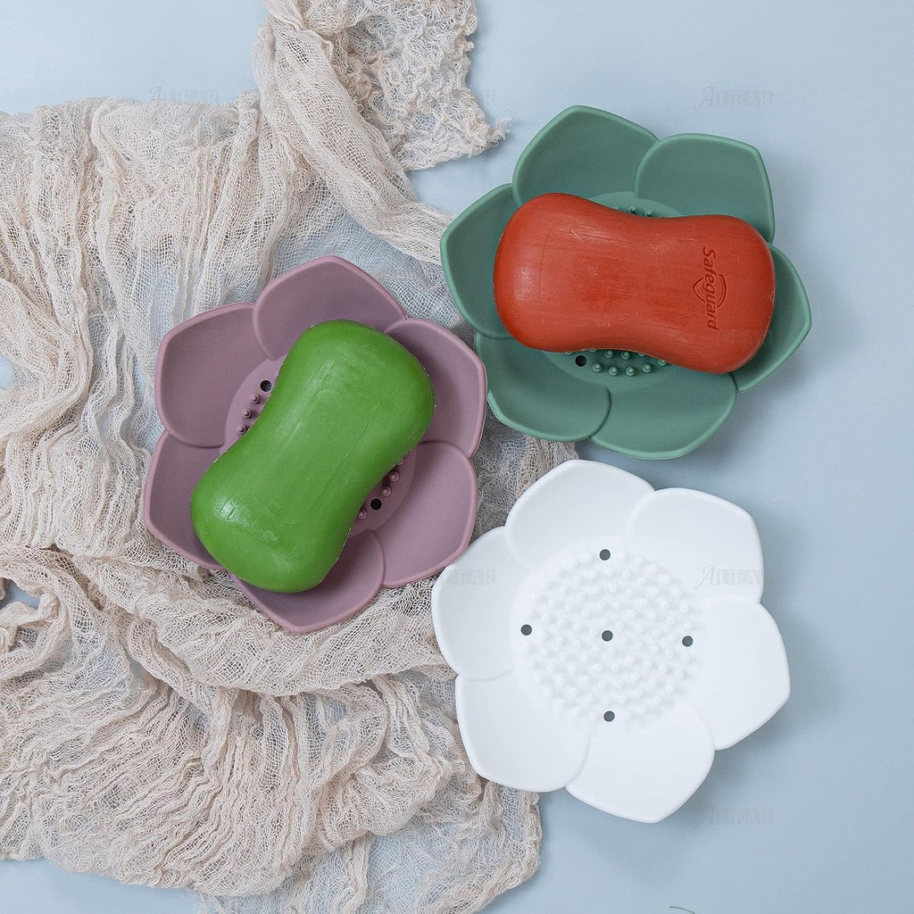 AUEAR, 4 Pack Lotus Flowers Soap Dish with Drain Silicone Holder Non-Slip Flexible Tray for Bathroom Shower
