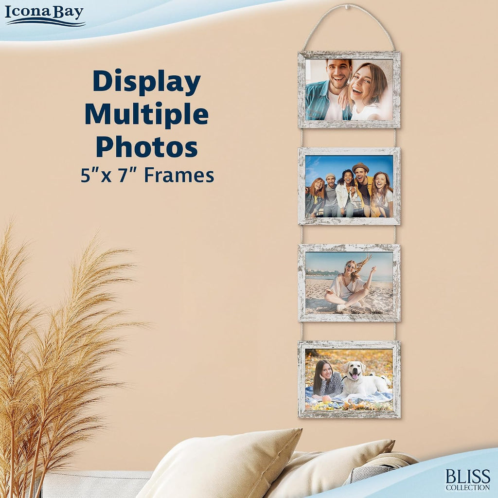 Icona Bay - 5x7 Wall Hanging Picture Frames Collage with 4 Openings - Distressed White - Casual Style Engineered Wood Frames - Wall Mount Only - Bliss Collection (Pack of 3)