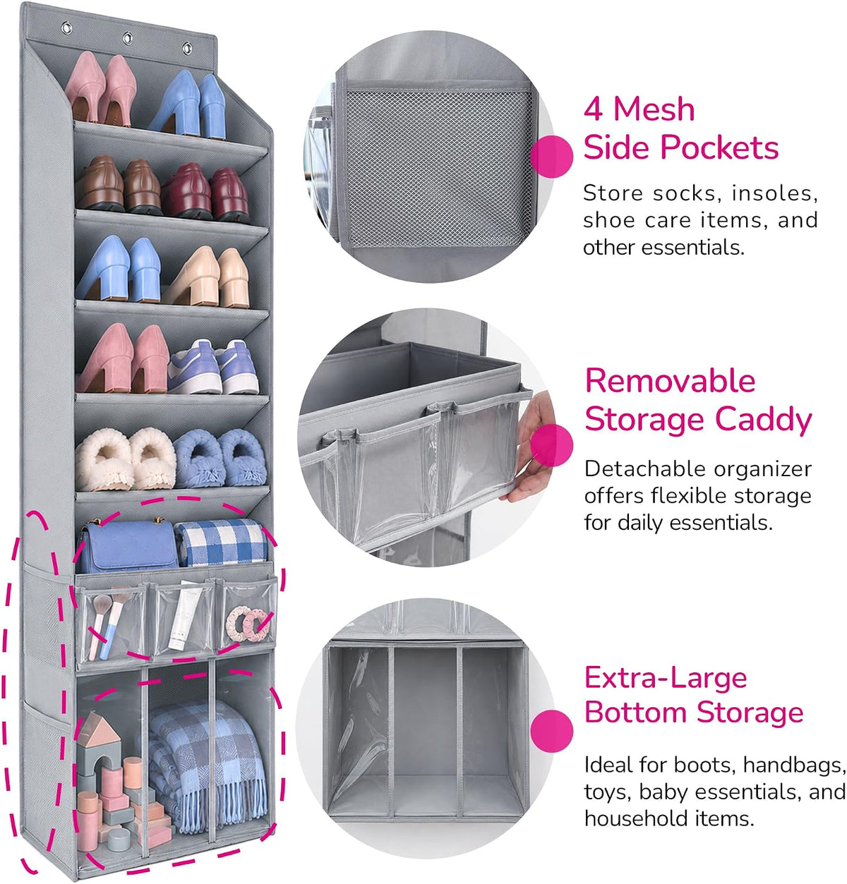 3in1 Over The Door Shoe Organizer with 5 Slanted Compartments,Removable Storage Bin & Transparent Pockets,Thickened Waterproof Oxford Fabric Shoes Rack for Shoes,Boots,Toys,Daily Essentials. (Grey)