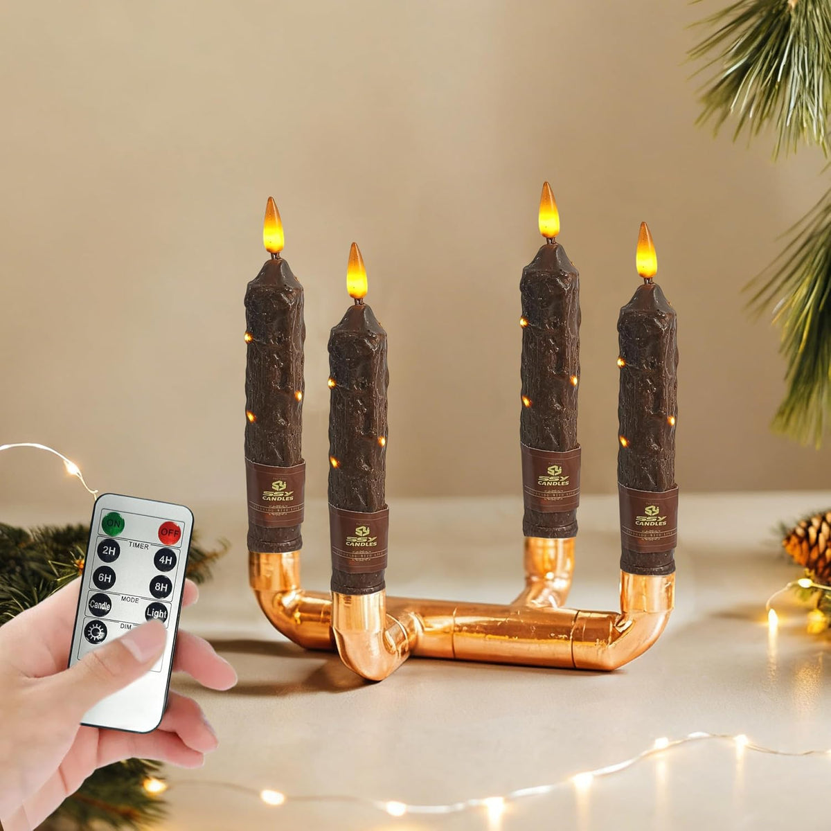 6.5 inch Flameless Brown Taper Candles Flickering with 10-Key Remote, Battery Operated Led Warm 3D Wick Light Window Candles Real Wax Pack of 4, Christmas Home Wedding Decor