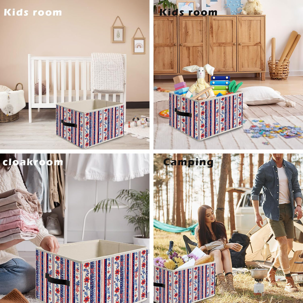 American Patriotic Storage Bin Box with Handles, Cottagecore Red White Blue Floral Striped 4th of July Foldable Organizer Basket Toybox for Home Bedroom Bathroom Clothes Toys Books
