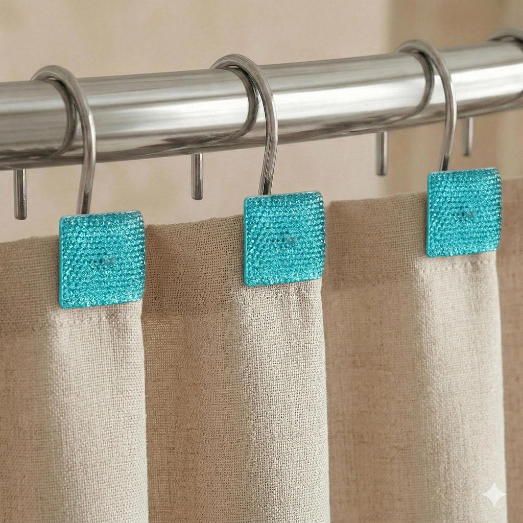 Teal Blue Bling Shower Curtain Hooks: Aqua Christmas Curtain Rings,12Pcs