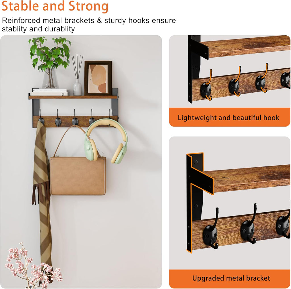 Wall Hooks with Shelf, Wood Coat Rack with Shelf Wall-Mounted, Entryway Hanging Shelves with 5 Metal Hooks for Clothes Hats Towel Purse Robes, Bathroom Mudroom Bedroom, Rustic Brown