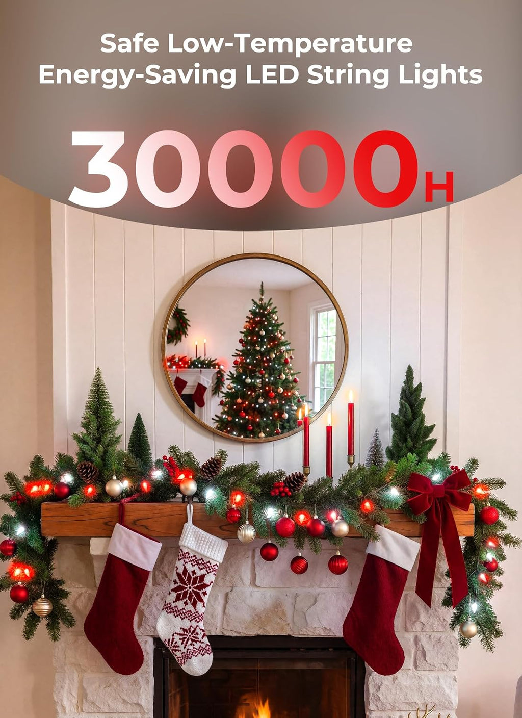 2 Pack Total 100 LED C6 Battery Operated Christmas Lights Red & White