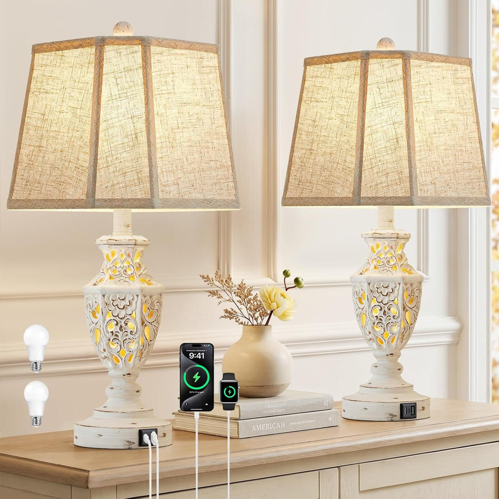 EJIAXIN Lamps for Night Stands Set of 2-23.5" Boho Bedside Lamp with USB A+C and Nightlight - Cream Rustic Carved Resin Farmhouse Table Lamp for Bedrooms, End Tables, Living Room, Bulbs Included
