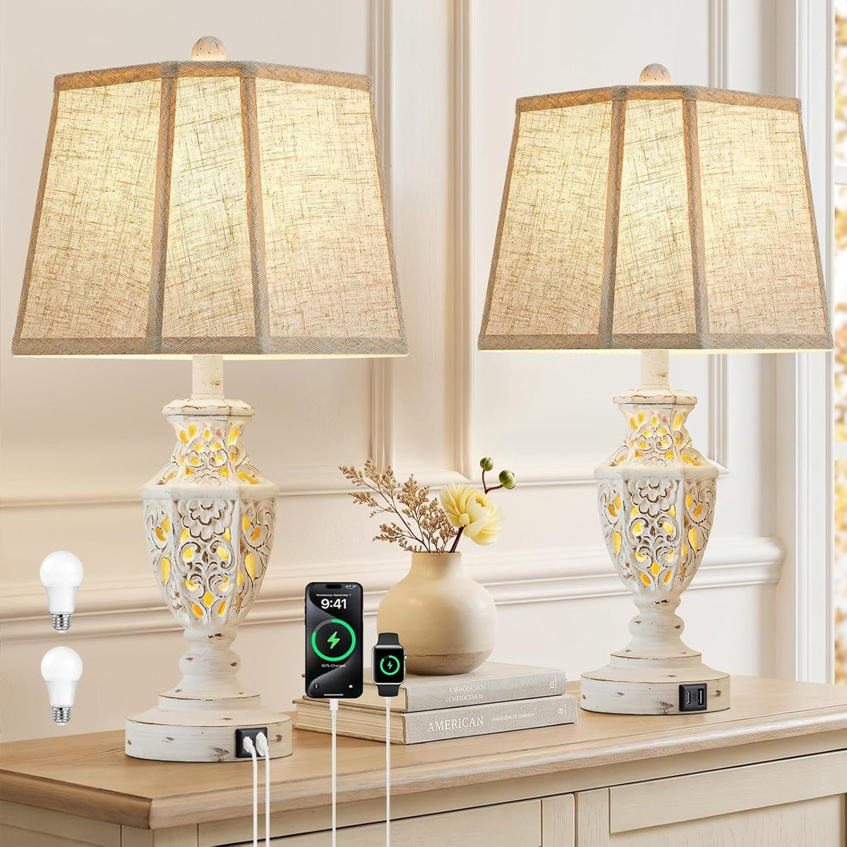 EJIAXIN Lamps for Night Stands Set of 2-23.5" Boho Bedside Lamp with USB A+C and Nightlight - Cream Rustic Carved Resin Farmhouse Table Lamp for Bedrooms, End Tables, Living Room, Bulbs Included