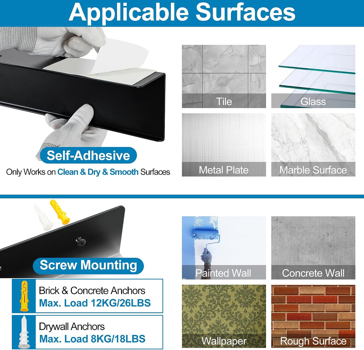 SAYAYO Black Floating Shelves for Wall, 12 Inch Screw or Adhesive Shelves