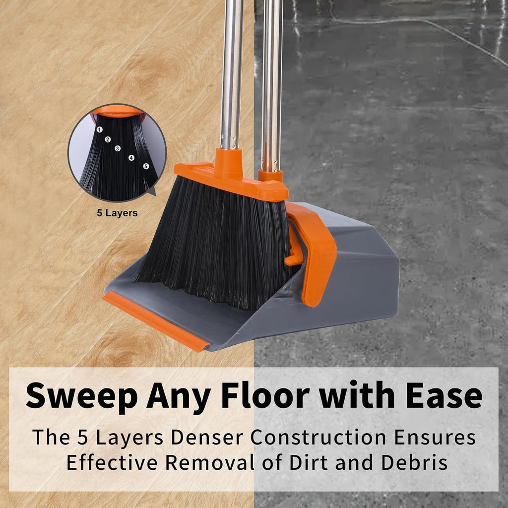 Broom and Dustpan Set for Home, 51" Long Handle Standing Pan Grey Orange