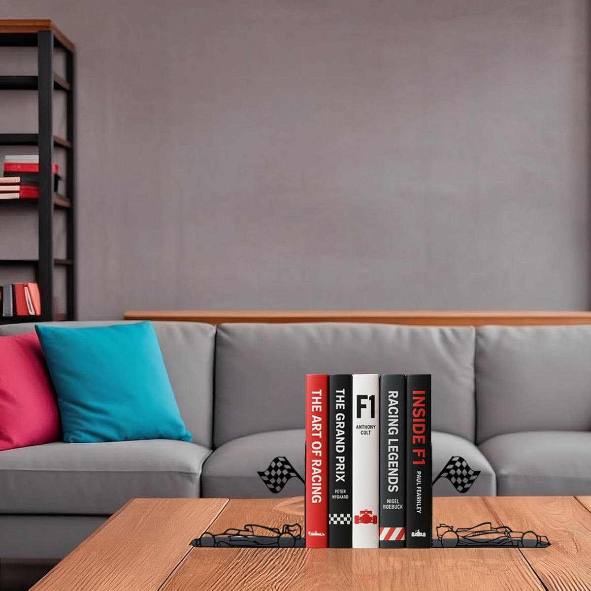 F1 Bookends – Metal Decorative Book Ends for Shelves, Racing Car Decor, Cute & Unique Bookshelf Accessories, Desk Accessories, Book Stopper