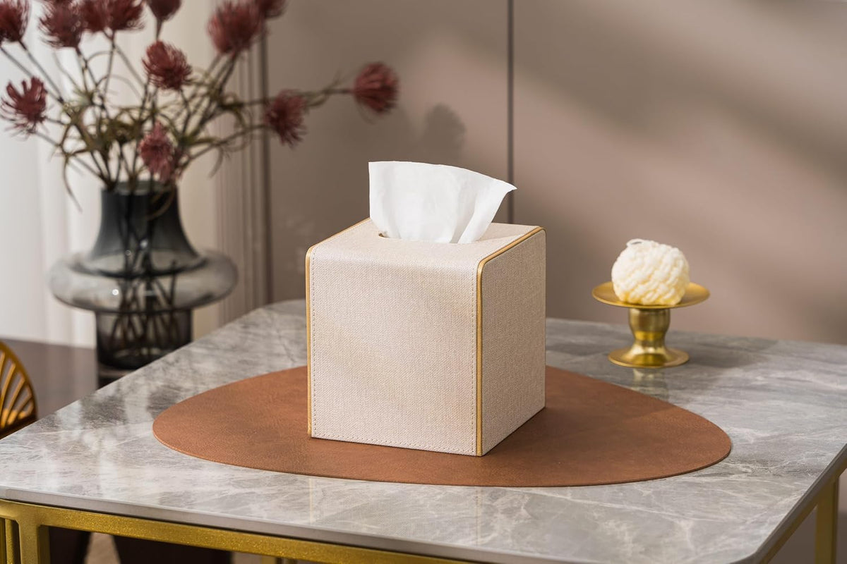 Ukwell Square Tissue Box Cover Linen-Textured Faux Leather Tissue Holder with Gold Trim Neutral Modern Home Decor Piece for Home & Office