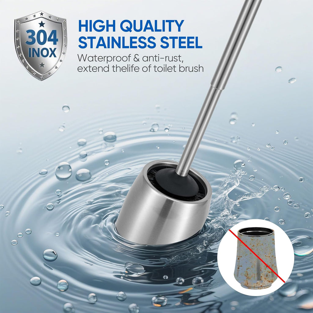 2Packs SUS304 Stainless Steel Toilet Brush and Holder Stain Nickle 12In Handle Bristles Toilet Bowl Brush Bathroom Brushes Cleaning Brush with Case Anti-Rust Brushed Silver