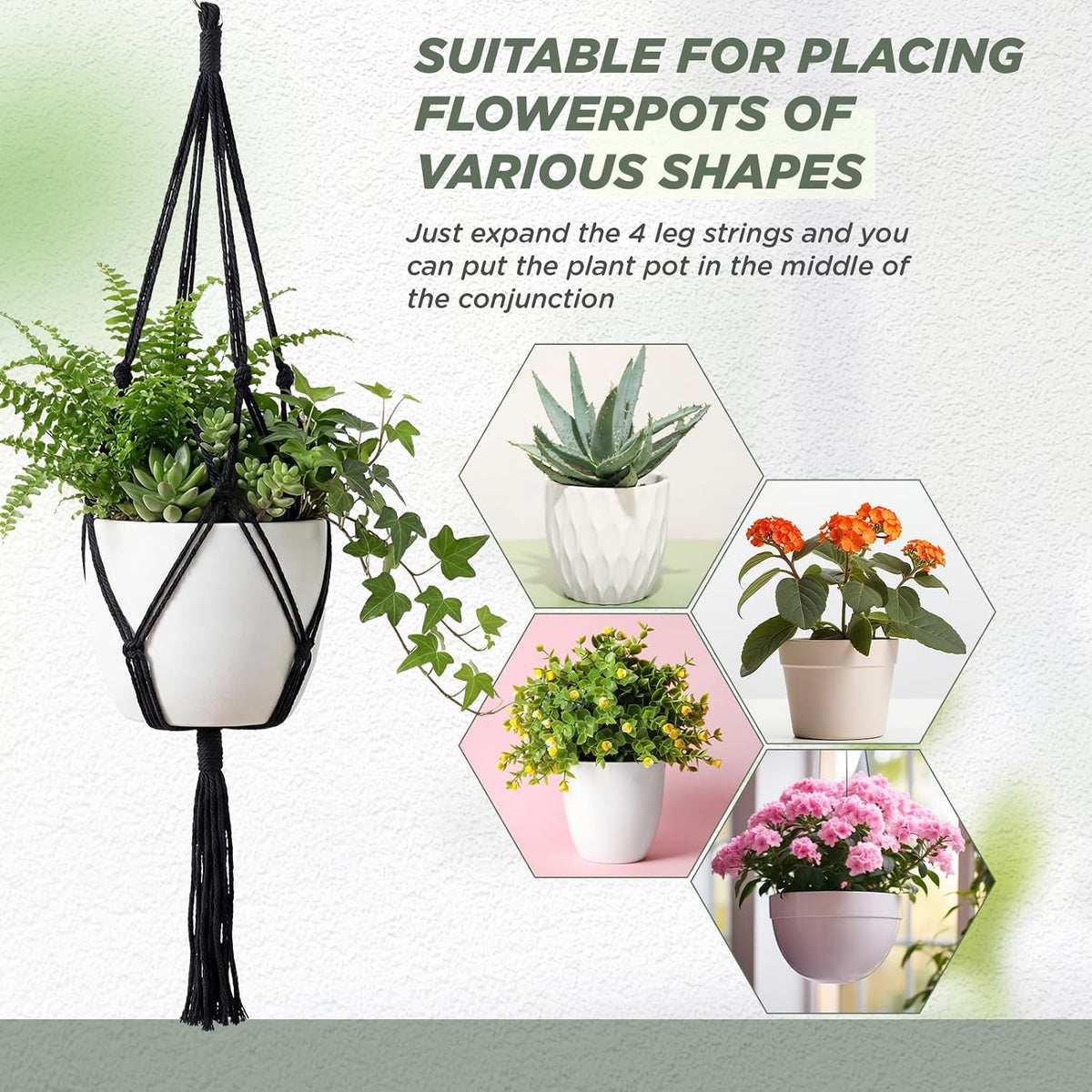 EBOOT 3 Pack 33 41 48 Inch Macrame Plant Hanger, Black, 4 Legs