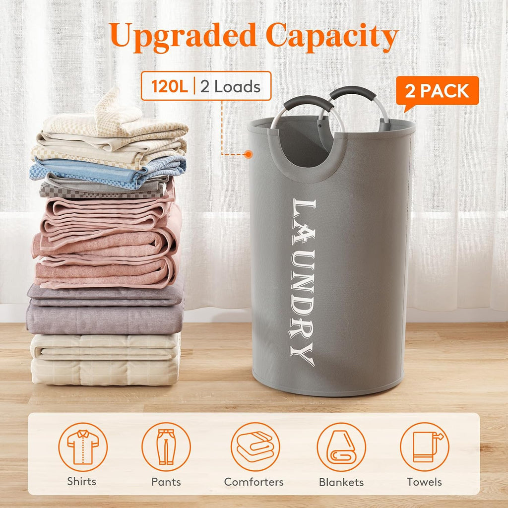 Lifewit 2 Pack 120L Laundry Basket with Aluminum Handles, Silver Grey