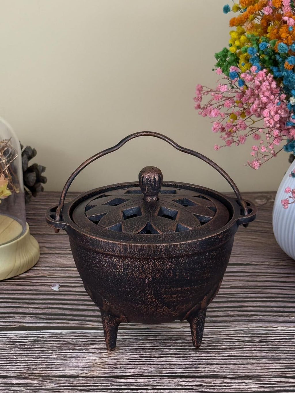 YIMIFLA Incense Burner Holder with Lid and Handle Cast Iron Cauldron 4.9" Frankincense Resin Charcoal Incense Burner Great for Yoga, Spa Aromatherapy, Smudging, Ritual & Blessings (Red Bronze)