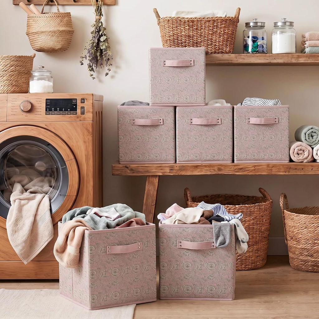 6 Pcs Pink Fabric Vintage Cube Storage Bins 11Inch Storage Basket with Handle, Linen Collapsible Fabric Box for Classroom Bedrooms Office Home Decoration (Pink and beige)
