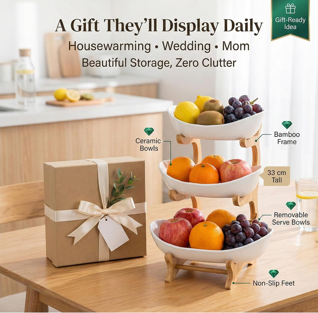 Bamboo Fruit Stand - 3 Tier Ceramic Fruit Bowls with Wooden Stand – Fruit Holder for Kitchen, Dining Table & Living Room – Decorative Countertop Organizer for Fruits, Vegetables & Snacks