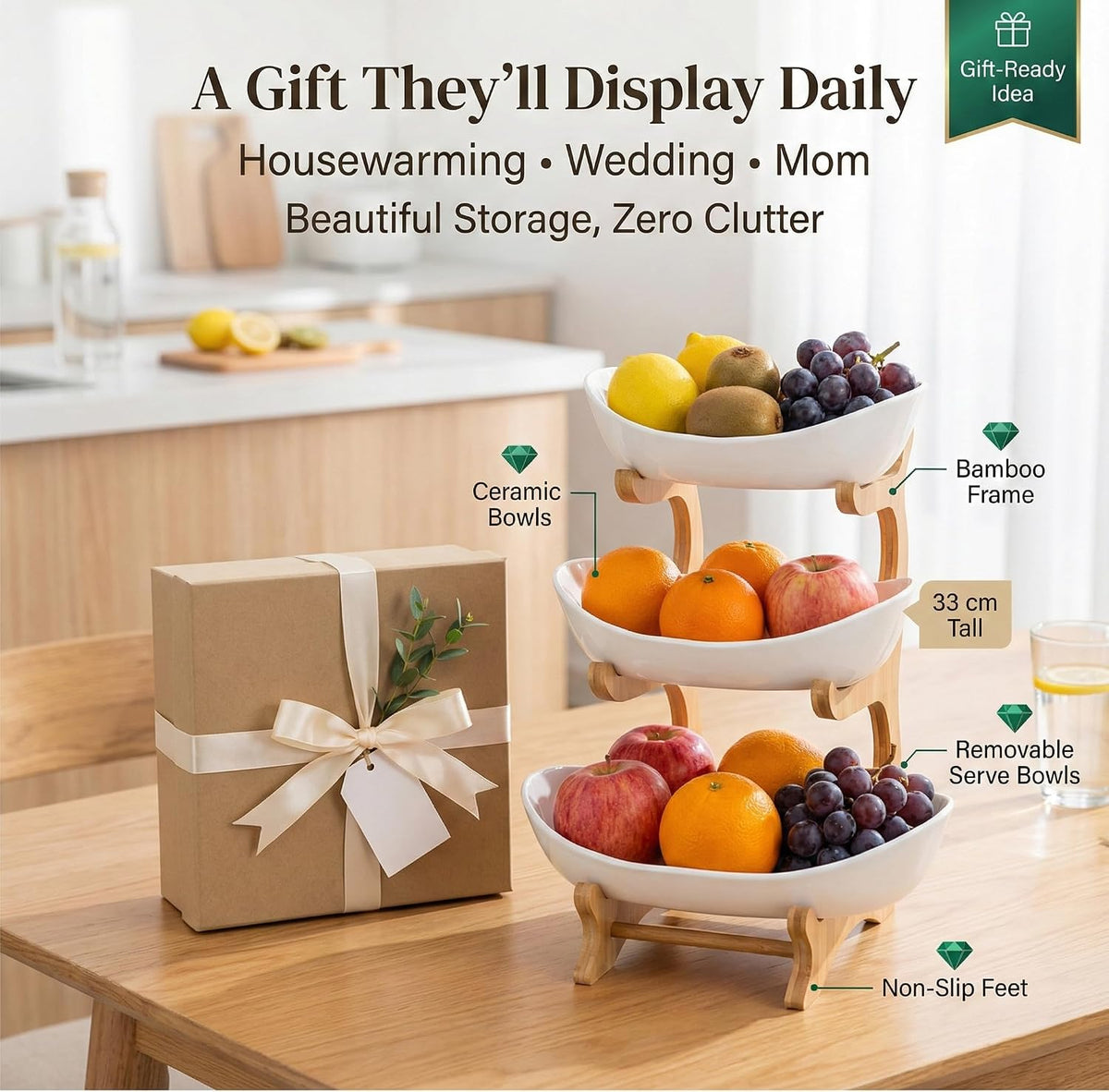 Bamboo Fruit Stand - 3 Tier Ceramic Fruit Bowls with Wooden Stand – Fruit Holder for Kitchen, Dining Table & Living Room – Decorative Countertop Organizer for Fruits, Vegetables & Snacks