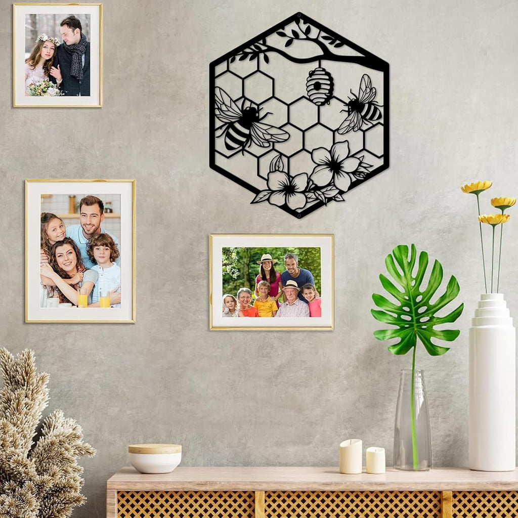 ruelen Metal Bee Wall Art - Farmhouse Honey Bee and Hives with Flowers Metal Wall Decor for Living Room,Bedroom,Garden,Office Gardener & Bee Keeper (11.14x9.72in)