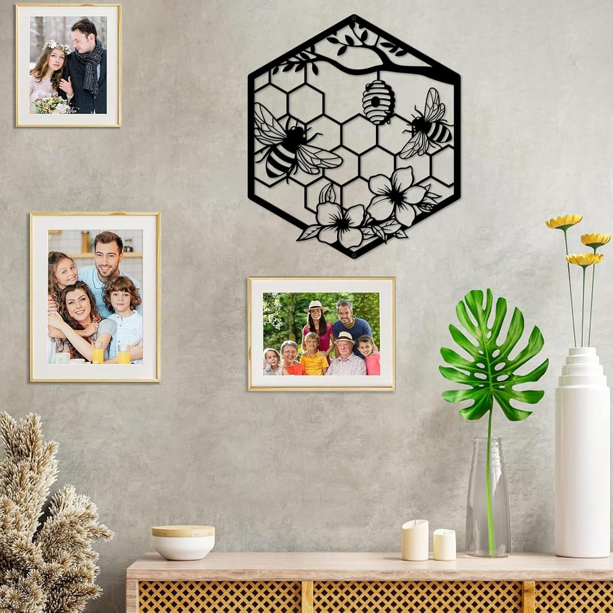 ruelen Metal Bee Wall Art - Farmhouse Honey Bee and Hives with Flowers Metal Wall Decor for Living Room,Bedroom,Garden,Office Gardener & Bee Keeper (11.14x9.72in)