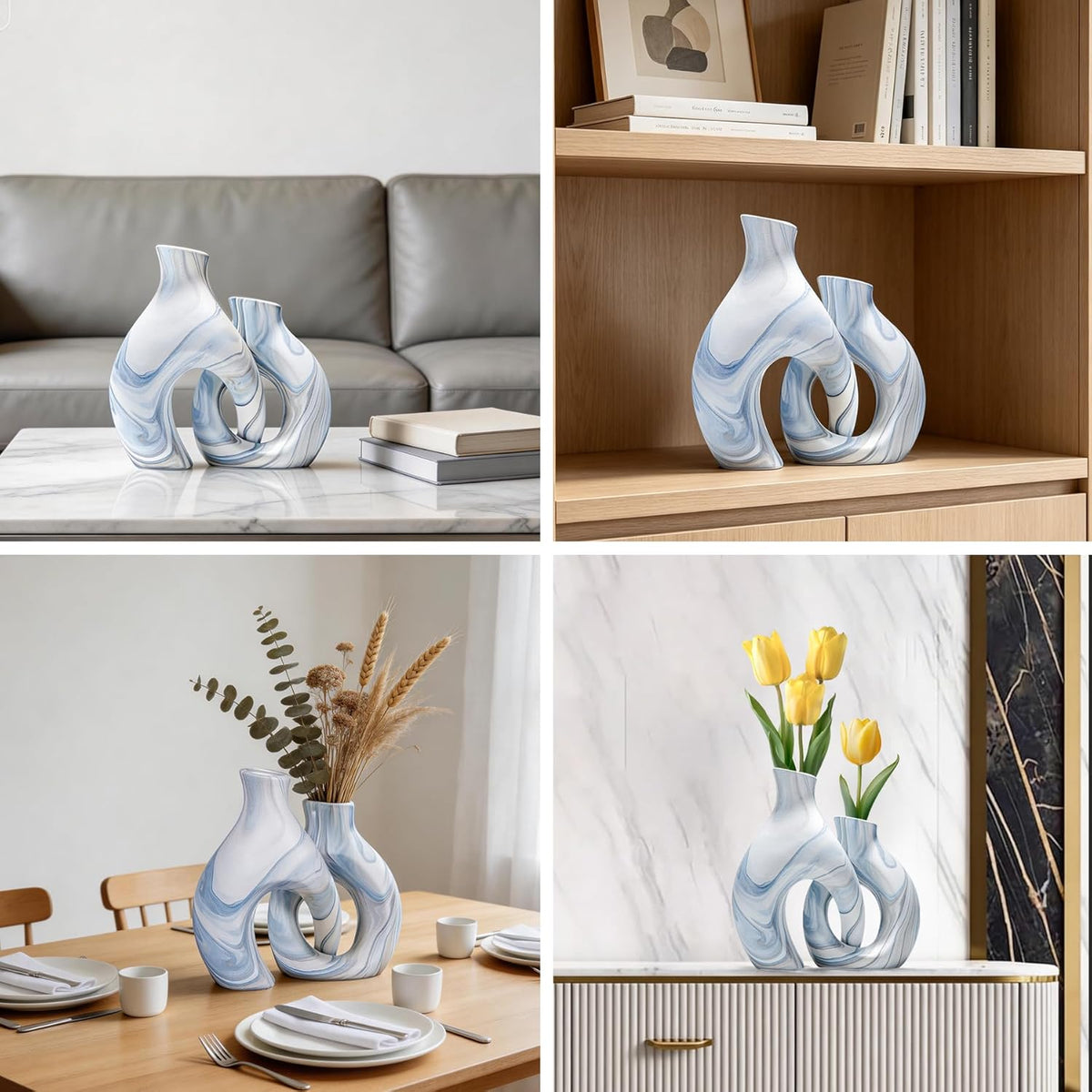 Blue Ceramic Snuggle Vases Set of 2 for Flowers