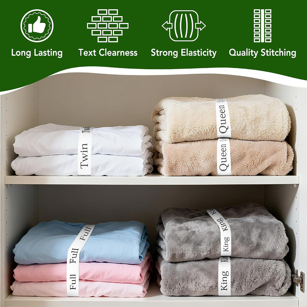 Queen Size Sheet Organizer Bands, 4 pcs Elastic Label Straps for Linen Storage, Closet Organization for Queen Size Bedding Sets