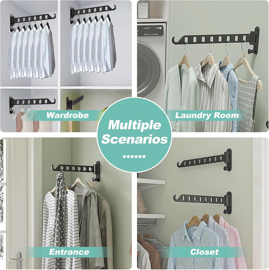 Wall Mounted Clothes Hanger with Swing Arm - 8-Hole Laundry Drying Rack | 180° Rotation & Space Saving for Laundry Room, Closet | Sturdy Hanging Bar | Solid Aluminium(2-Pack, Black)