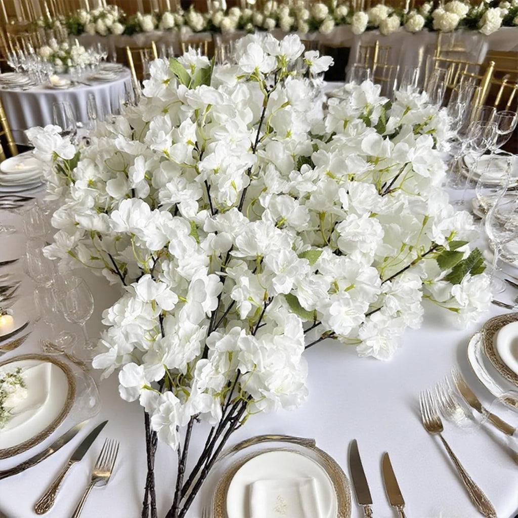 Artificial Cherry Blossom Branches, 5Pcs White Silk Faux Flowers, 33.5in