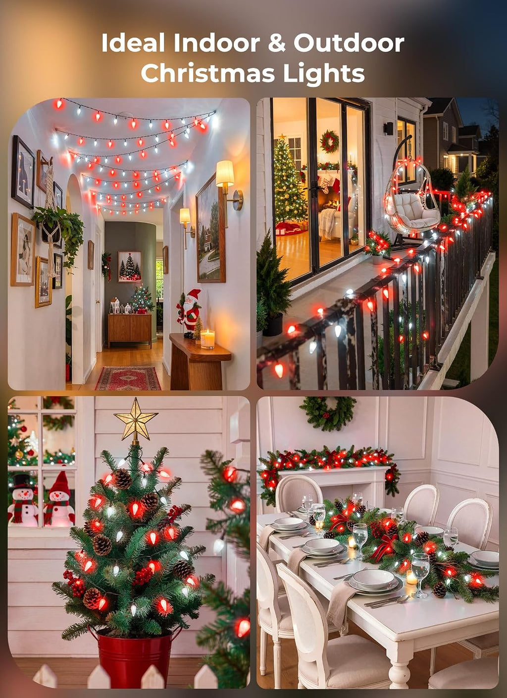 2 Pack Total 100 LED C6 Battery Operated Christmas Lights Red & White