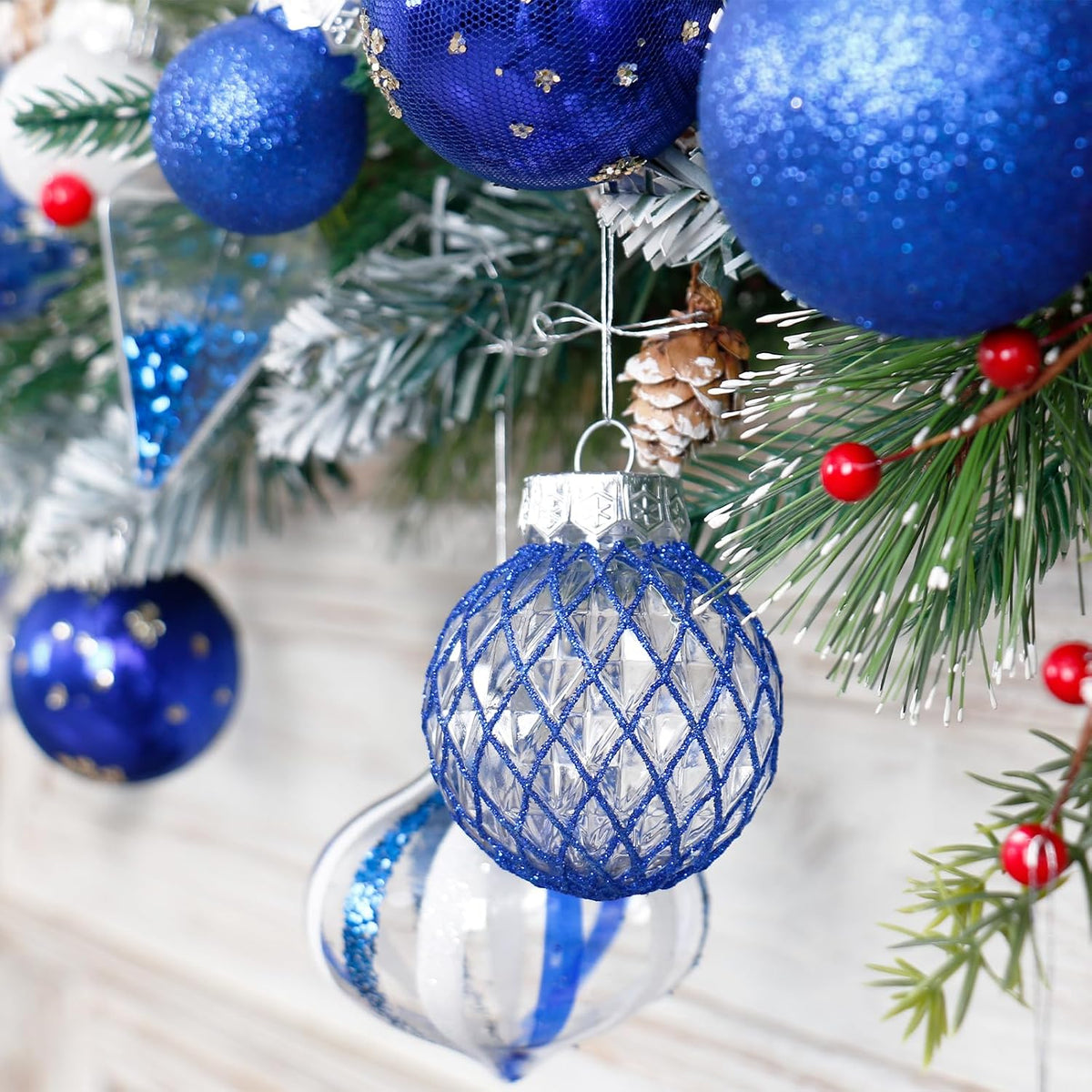 34PCS Blue/White Christmas Ball Ornaments Set for Tree Decorations