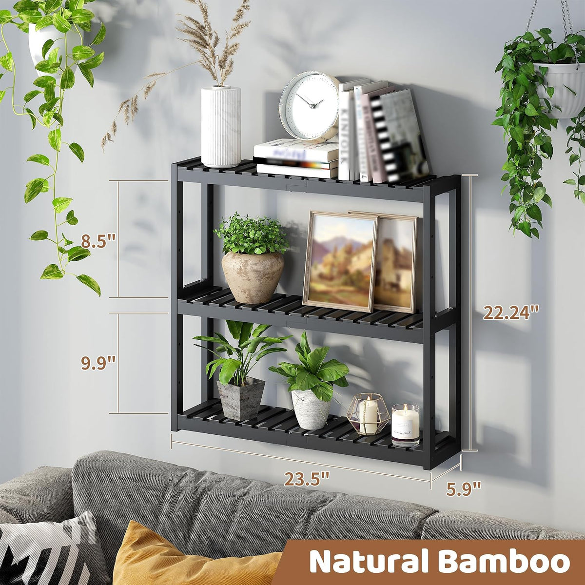 Bathroom Shelf Bamboo Organizer Rack Adjustable 3-Tier Storage Shelf Wall Mounted Storage Rack Over The Toilet Utility Shelves Living Room Kitchen Shelf(Black)